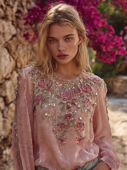 Vintage Boho Pink Roses Embroidered Flowy Linen Crew Neck Tunic