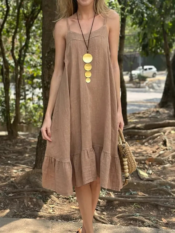 Women'S Casual Solid Color Ruffle Hem Suspender Cotton And Linen Dress