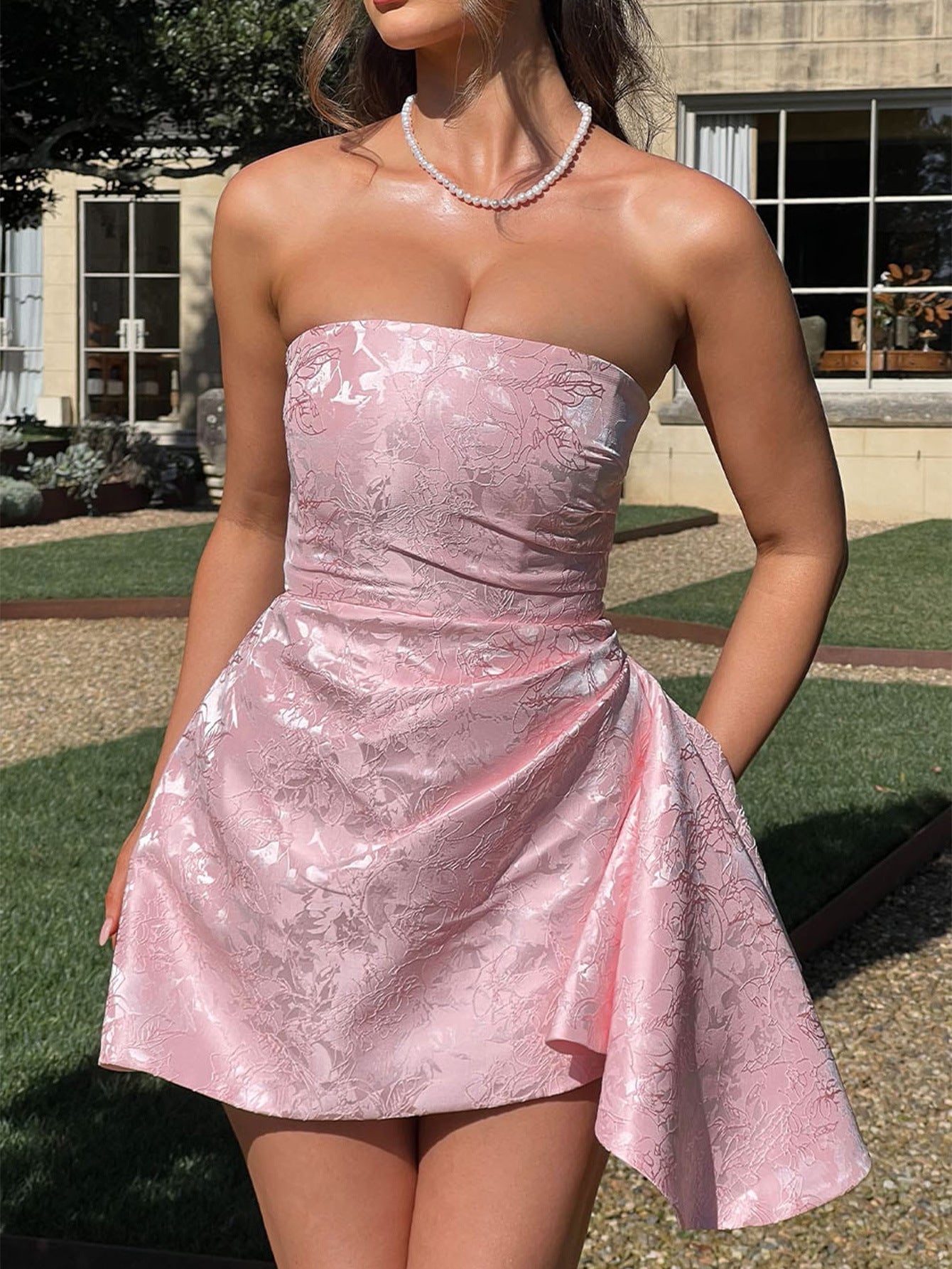 Strapless Jacquard A-Line Mini Homecoming Dress with Pockets