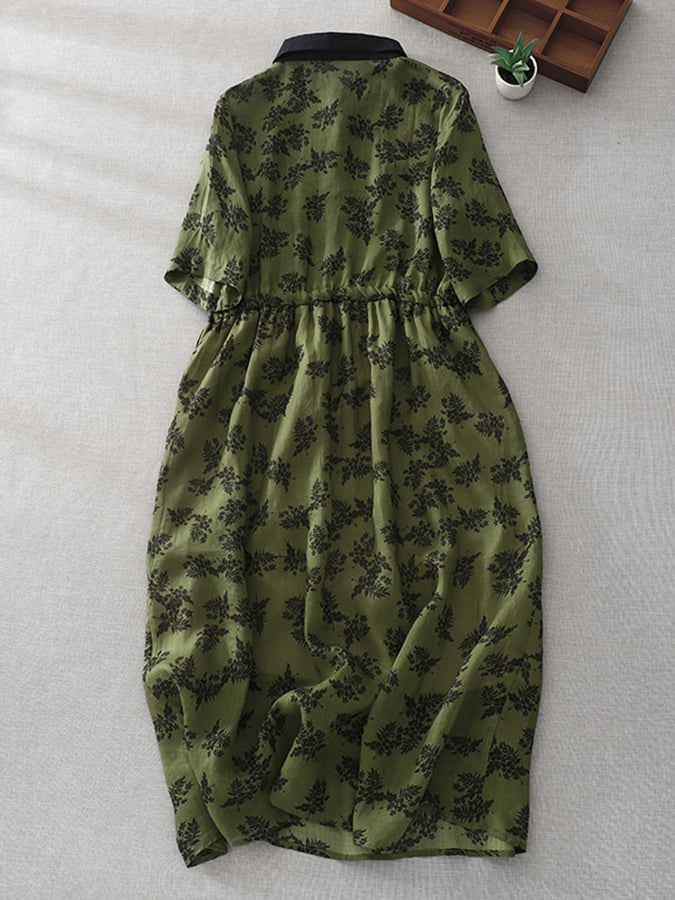 Printed Lapel Simple Cotton Linen Dress