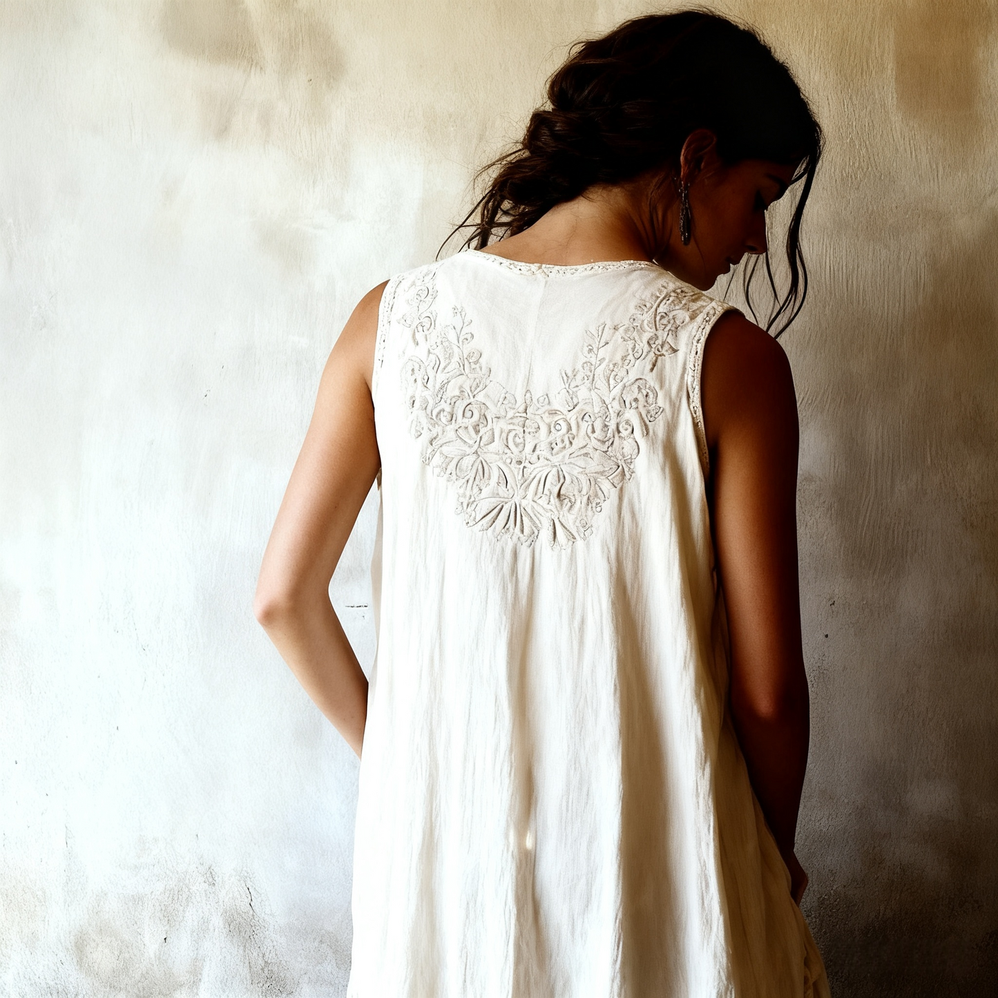 Vintage Floral Embroidered Linen Tank Dress | Scalloped Lace Hem
