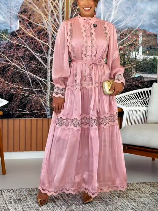 Lace Spliced Tie Waist Maxi Dress