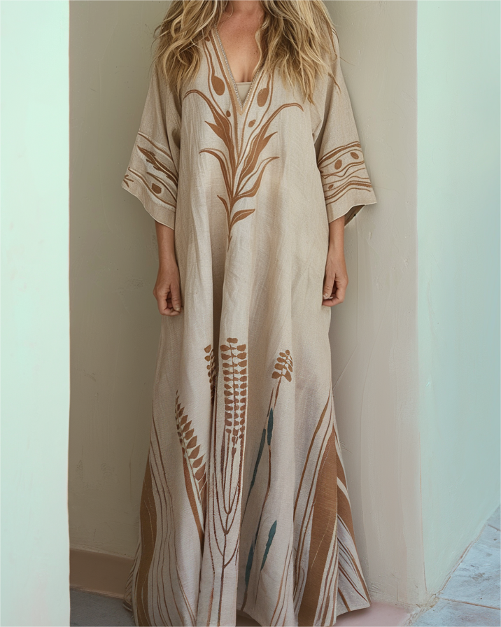 Contton & Linen  Long Sleeve  Kaftan Maxi Dress