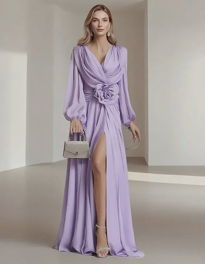 Flower Pleated Chiffon Wedding Dress Long Buff Sleeve Flowy V-neck Maxi Dress