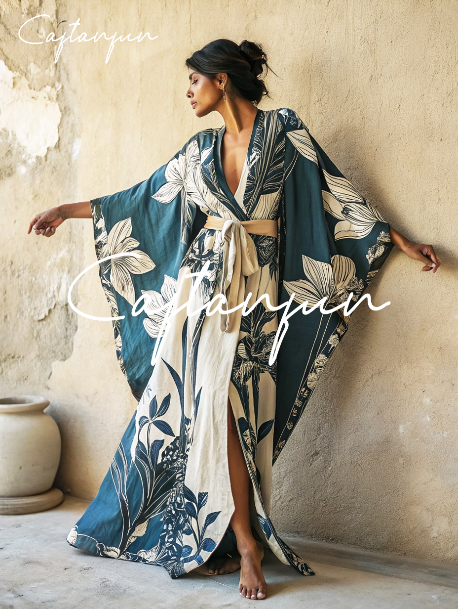 Women's Teal Classical Flower Kimono Linen Robe (Including Belt)