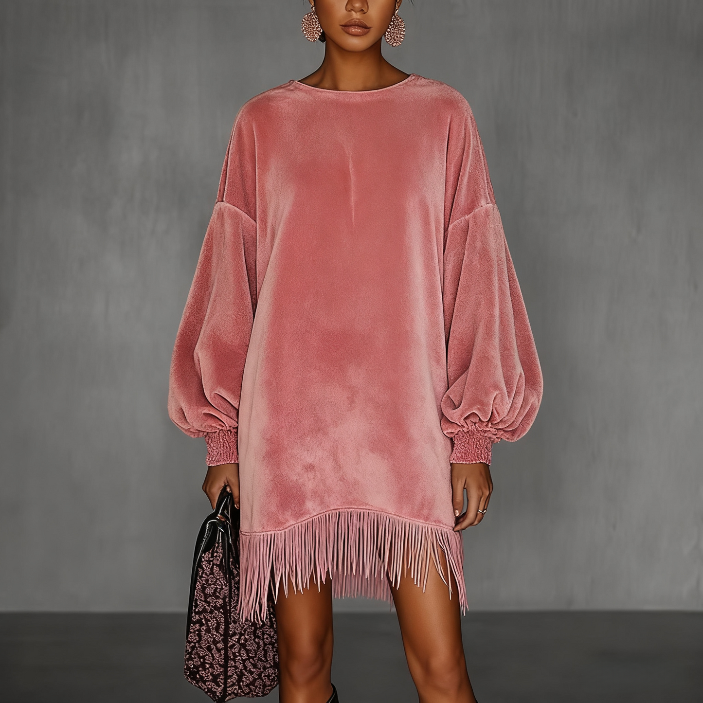 Rosy Retro Velvet Mini | Voluminous Balloon Sleeves & Playful Fringe Hem