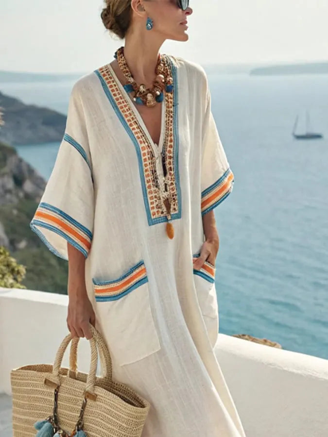 Women's Casual V-Neck Contrast Stripe Resort Dress