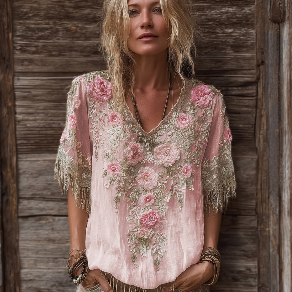Women's Rose Flower V-neck Vintage Linen Short-sleeve Shirt