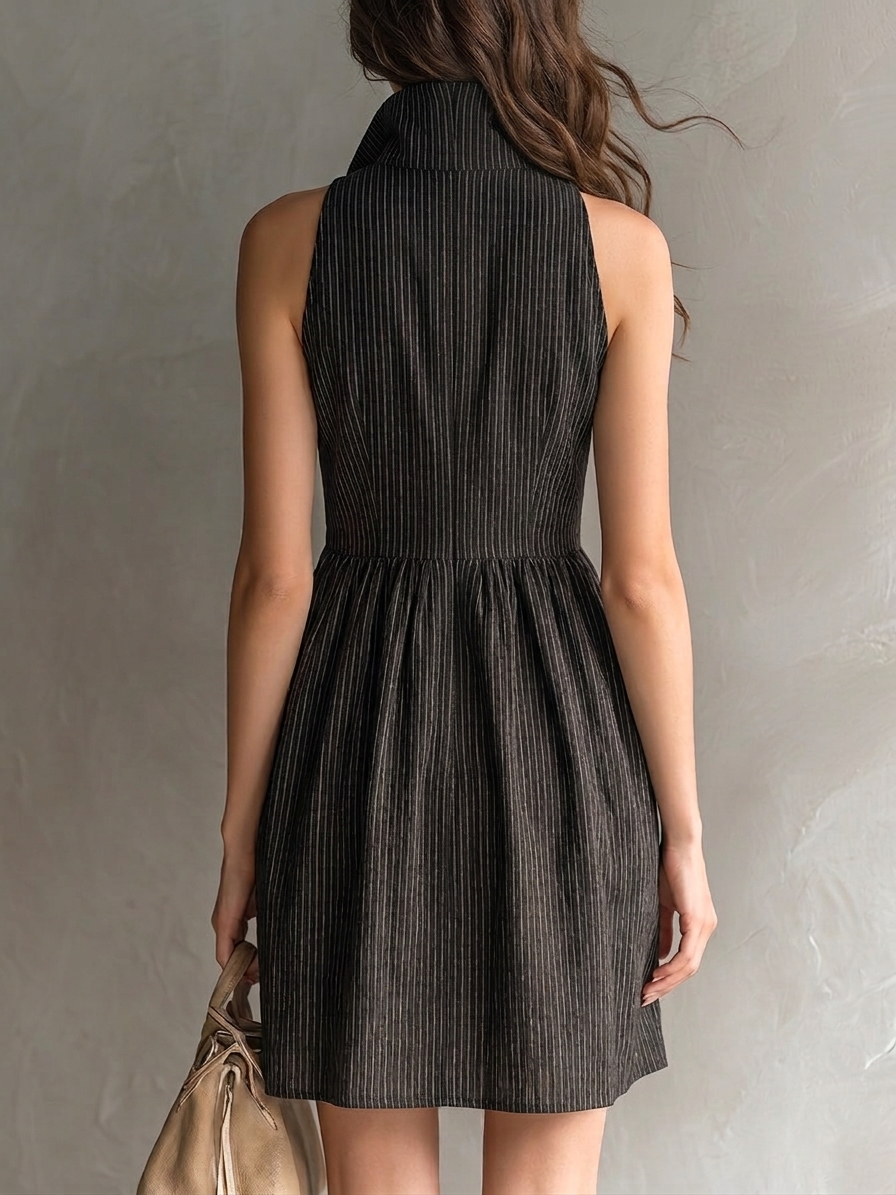 Black Striped Zip-up collar Sleeveless A-line Mini Dress