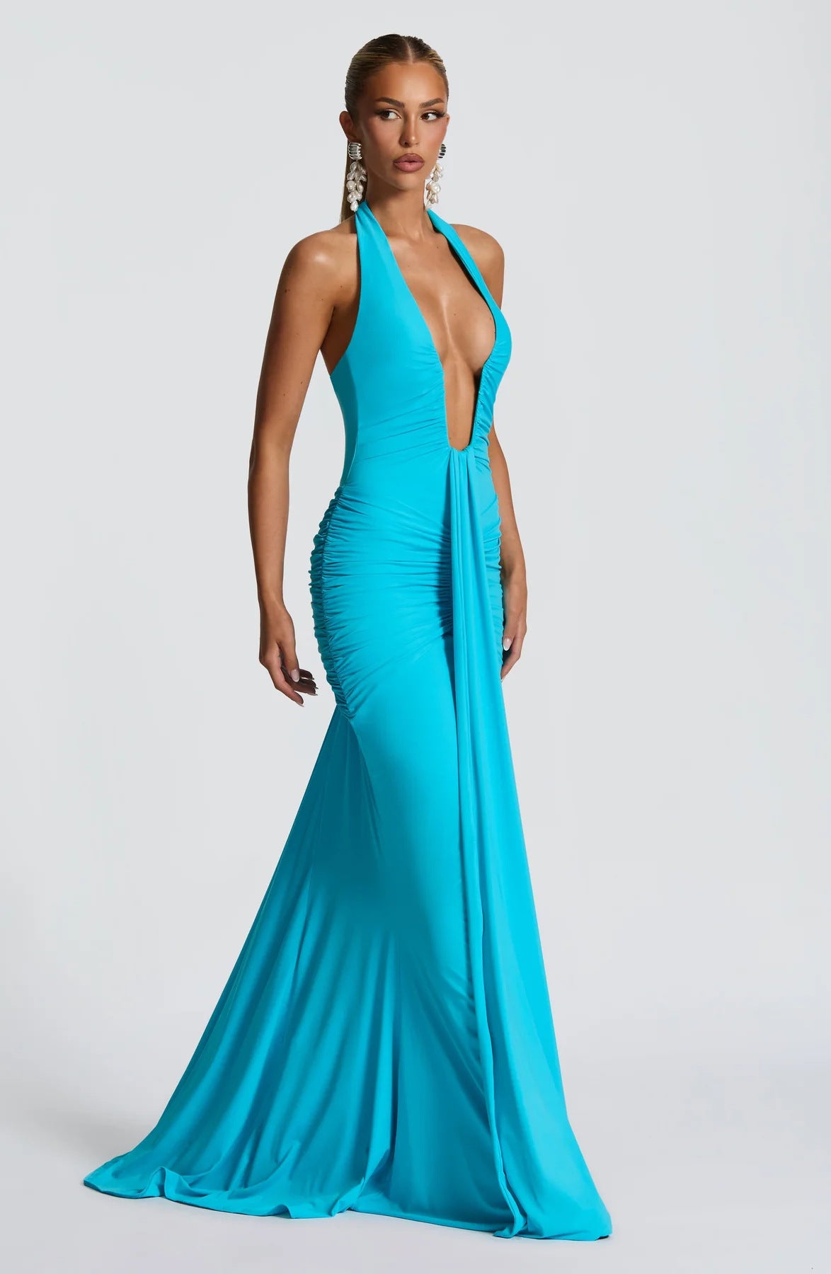 Solid Color Halterneck V-neck Open Back Tie Gathered Maxi Dress