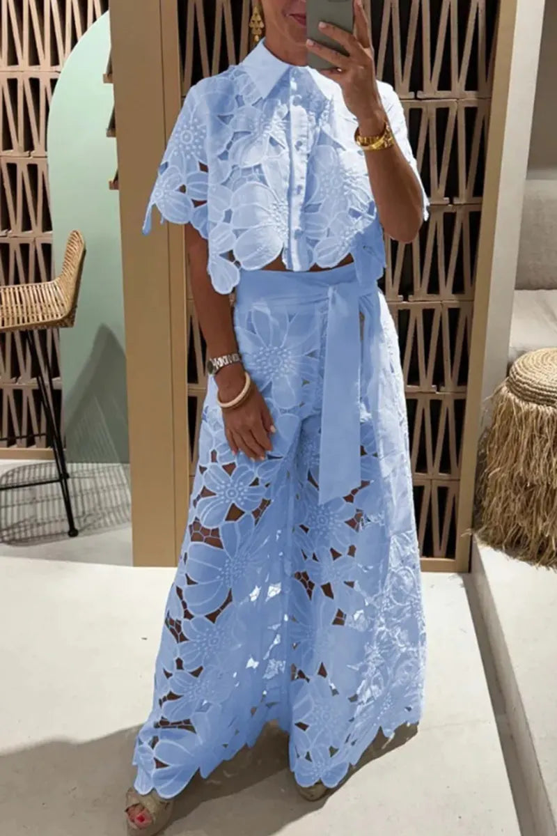Solid Color Lace-Up Knit Top & Wide-Leg Pants Two-Piece Set