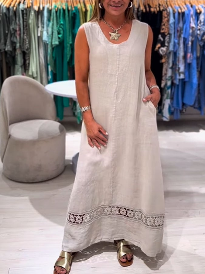 Women's Casual Solid Color Round Neck Sleeveless Lace Splicing Cotton and Linen Dress