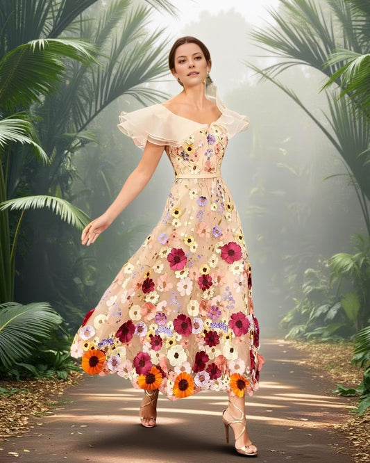 A-Line Sleeveless V-Neck Lace Ruffle Three-Dimensional Applique Dress