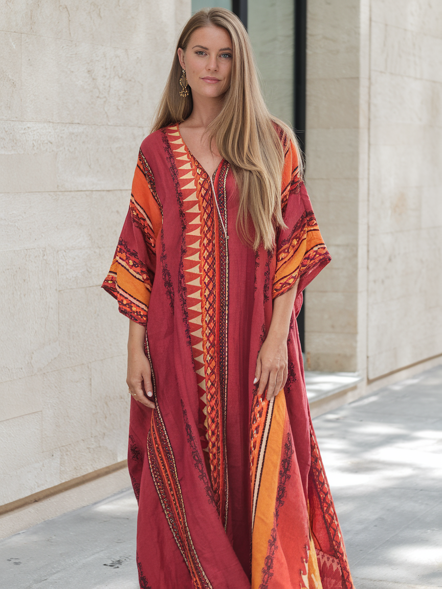 Contton & Linen Long Sleeve Kaftan Maxi Dress