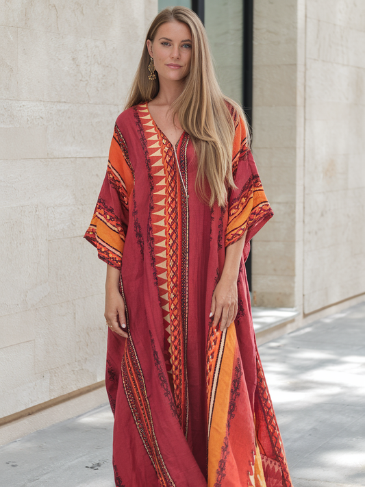 Contton & Linen Long Sleeve Kaftan Maxi Dress