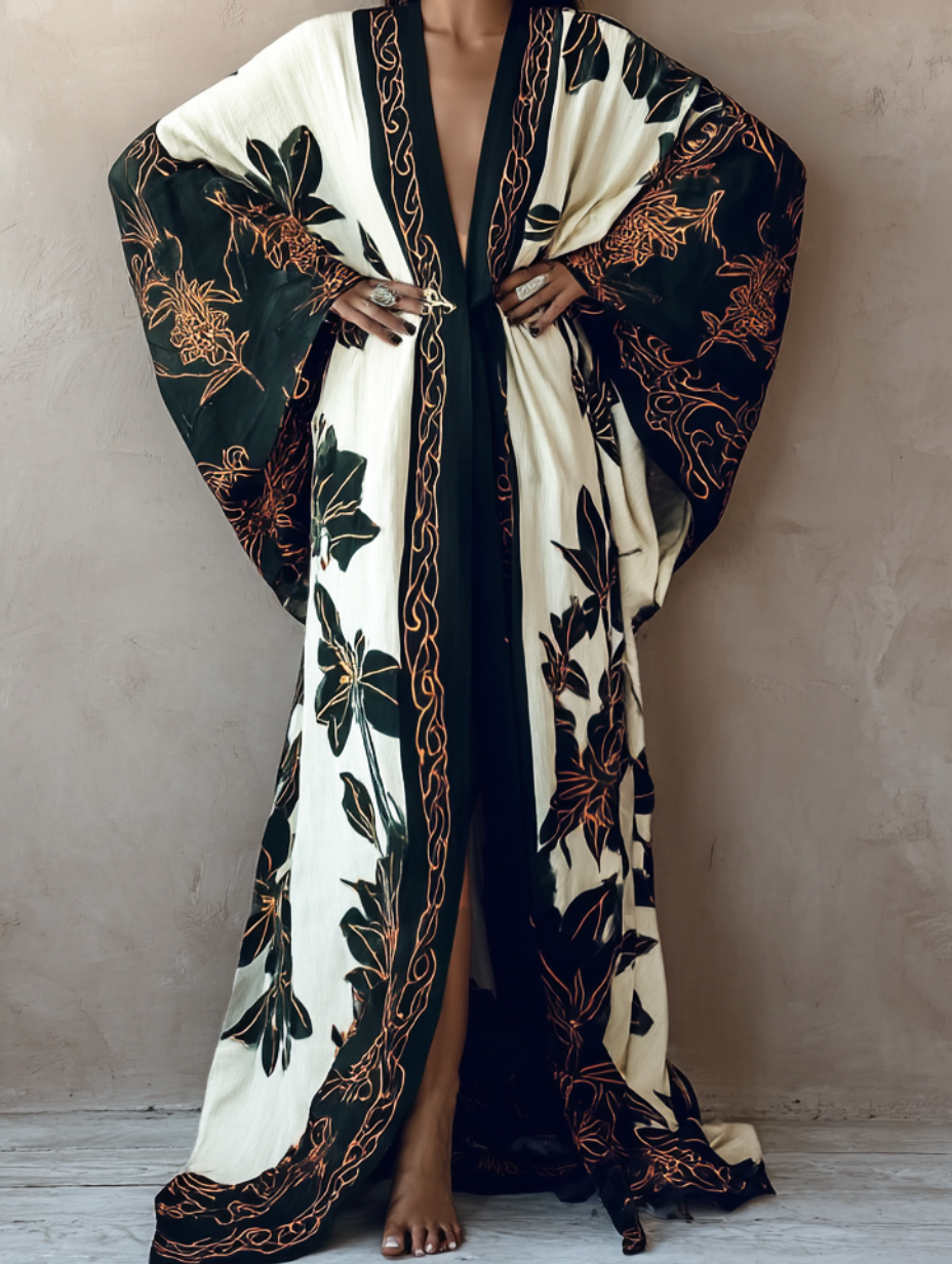 Women's Black Maple Leaf Kimono Linen Robe