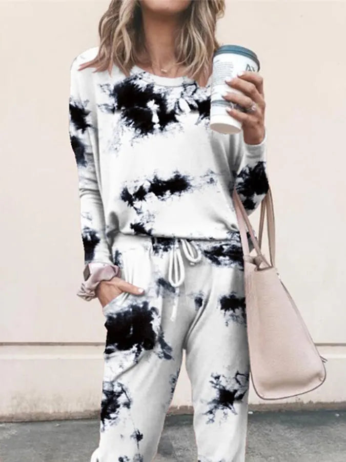 Women'S Casual Round Neck Tie-Dye Long Sleeve Two-Piece Set