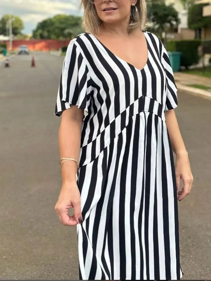 Women's Casual V-Neck Short Sleeve Striped Print Contrast Dress