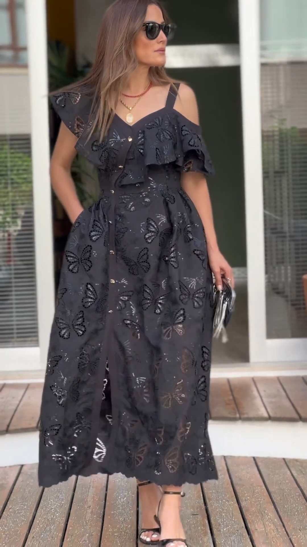 Black Butterfly Cutout Cold-Shoulder Midi Dress