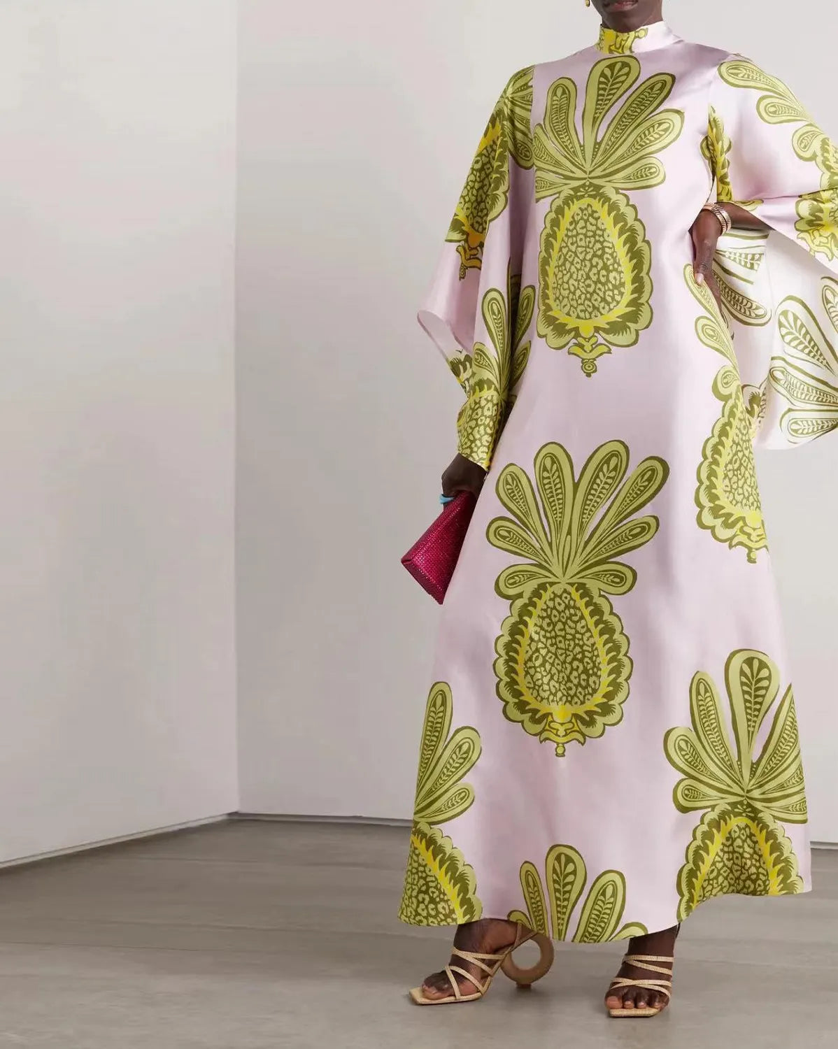 Casual Fashion Print Three-Quarter Sleeve Stand Collar Maxi Dress