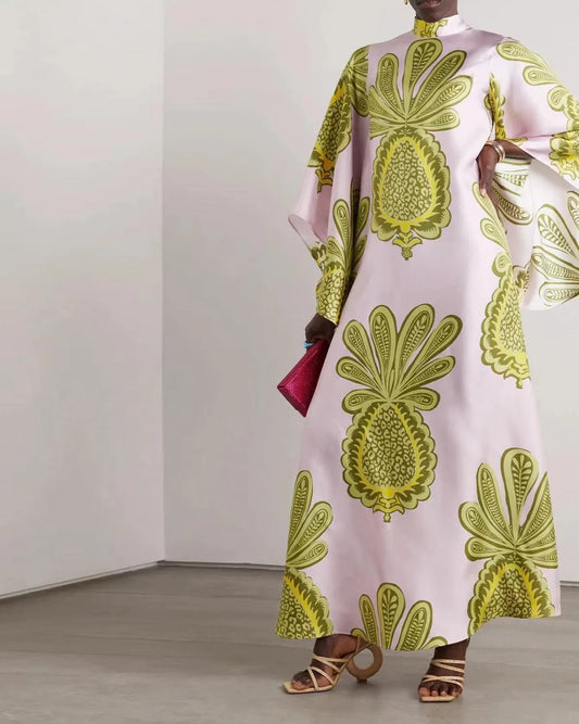 Casual Fashion Print Three-Quarter Sleeve Stand Collar Maxi Dress