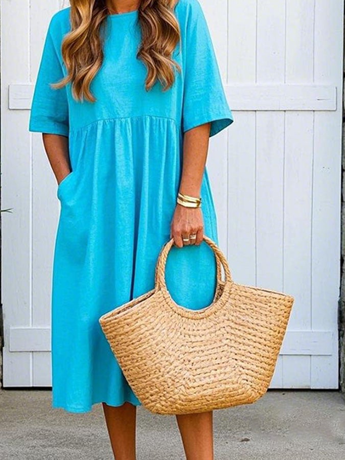 Women's Casual Solid Color Pocket Short Sleeve Dress