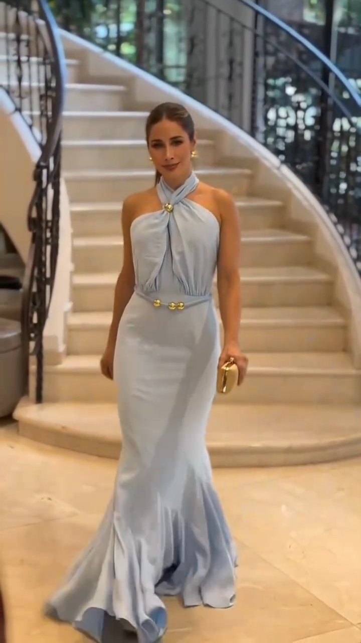 Light Blue Halter Neck Mermaid Maxi Dress