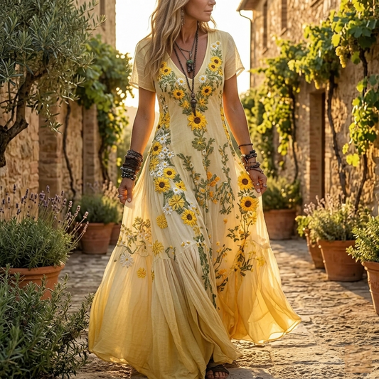 🌻 Women's Sunflower Embroidered Boho Maxi Dress