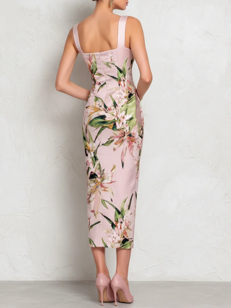 Pink Floral Satin Square Neck Sleeveless Midi Dress