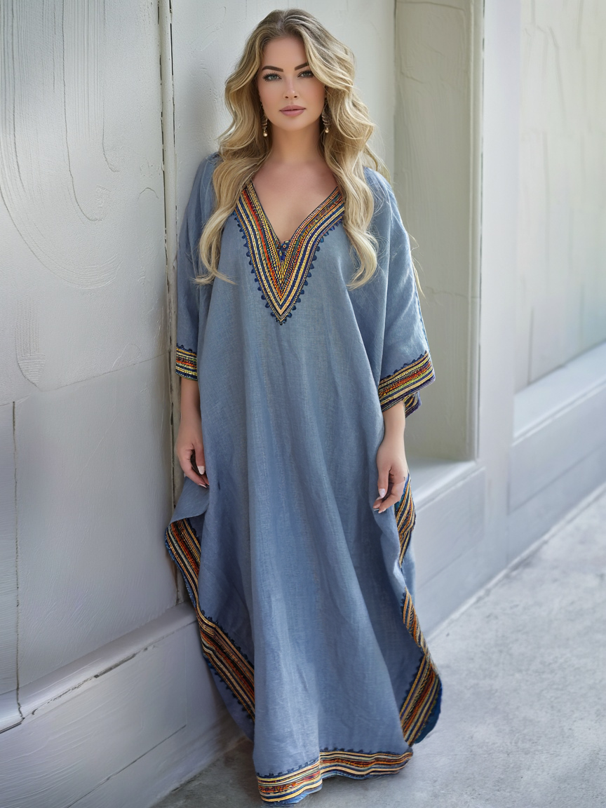 Contton & Linen Long Sleeve Kaftan Maxi Dress