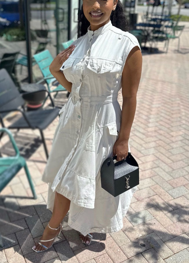 Stand Collar High-Low Hem Casual Denim Dress