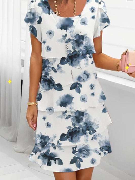 Flower Print Short Sleeve Multi Layered Midi Dress
