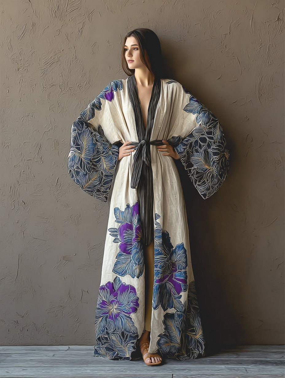 Women's Purple Peony Kimono Linen Robe (Including Belt)