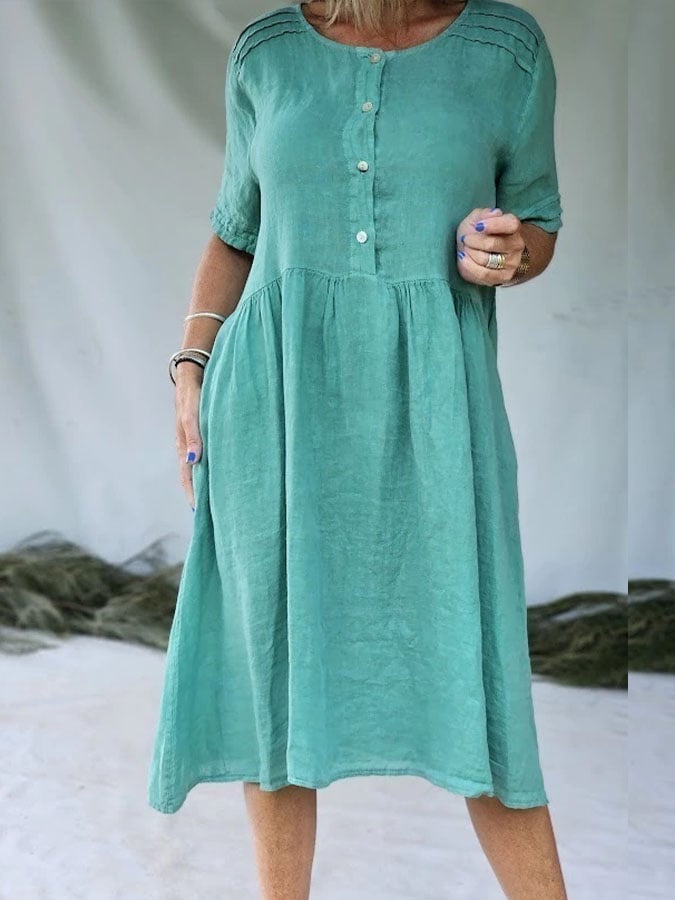 Women's Casual Solid Color Round Neck Mid Sleeve Button Cotton and Linen Dress