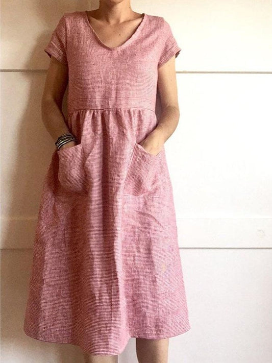 Women's Casual V-Neck Short Sleeve Striped Print Pocket Dress