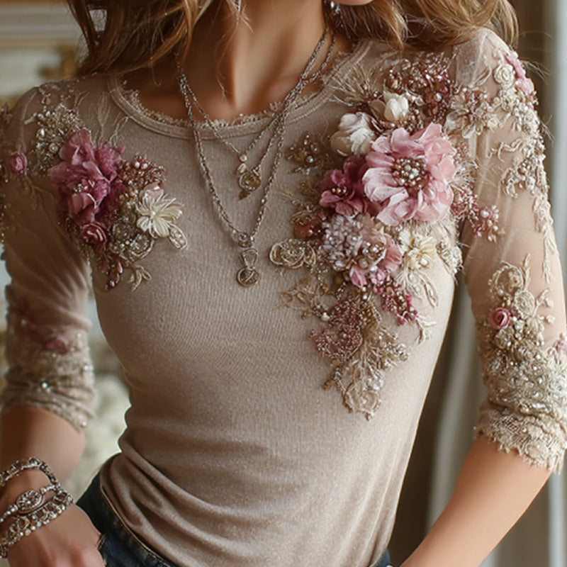 VChics Women's Casual Retro Bohemian Embroidered Floral Print T-shirt