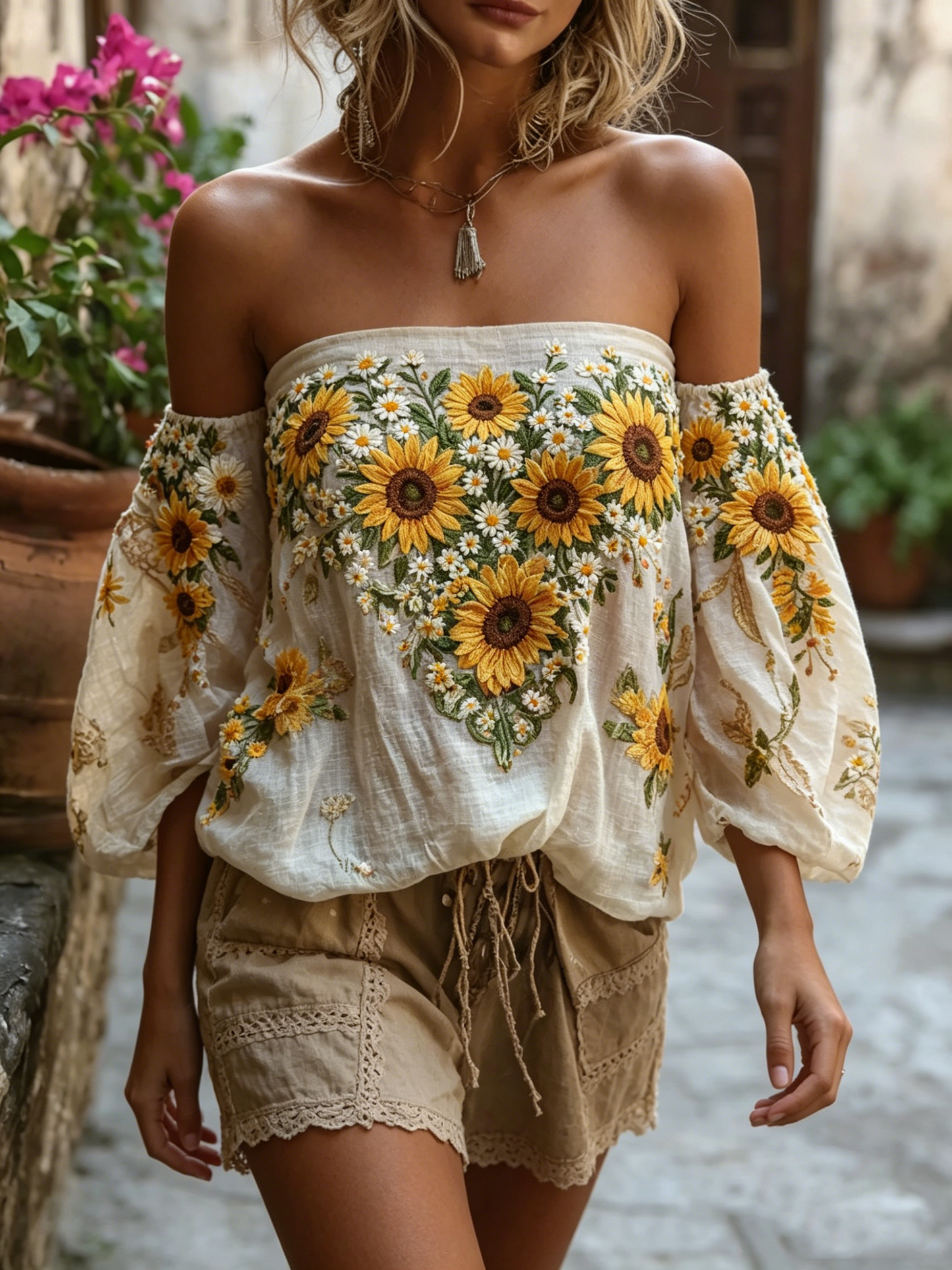 🌻 Women's Sunflower Embroidered Off-the-Shoulder Boho Blouse