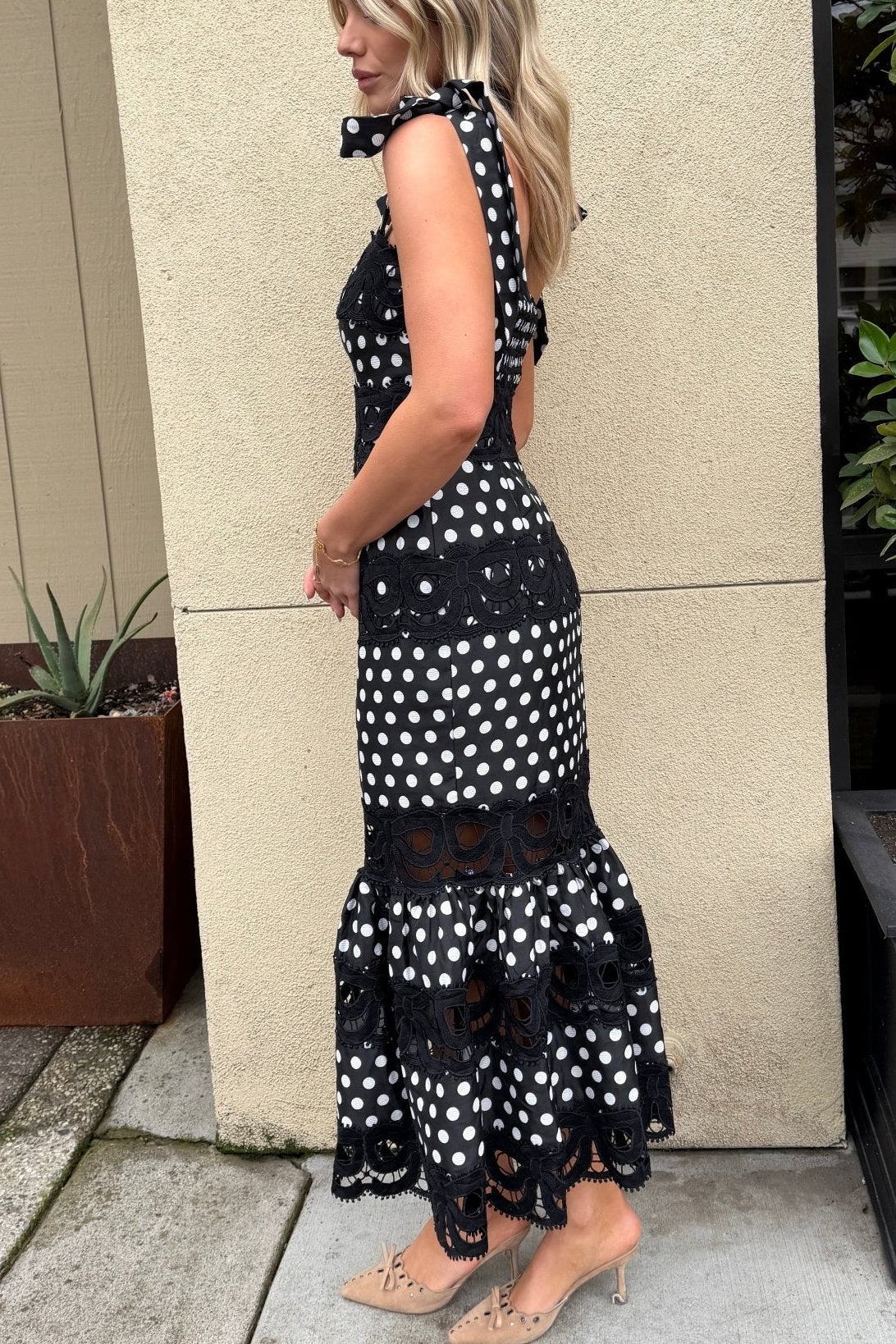 Black & White Polka Dot Lace Cutout Midi Dress