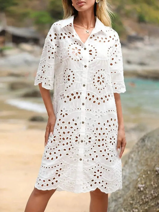 Women's Resort Eyelet Embroidery Button Front Drop Shoulder Shirt Dress