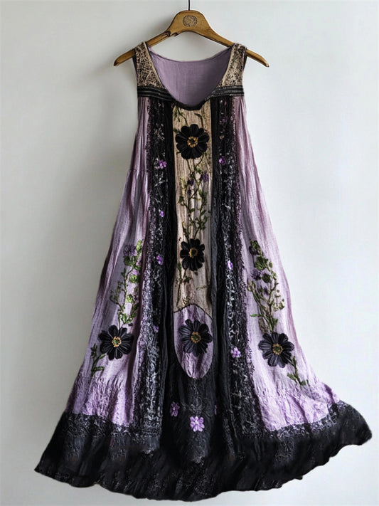 Classy Dark Floral Lace Patchwork Linen Tank Dress