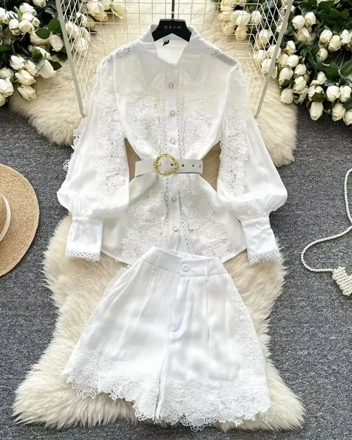 Elegant Fashion Lace Hollow Embroidery Splicing Cotton Lapel Short-Sleeved Shirt Pants Suit Brand 1:1 Replication