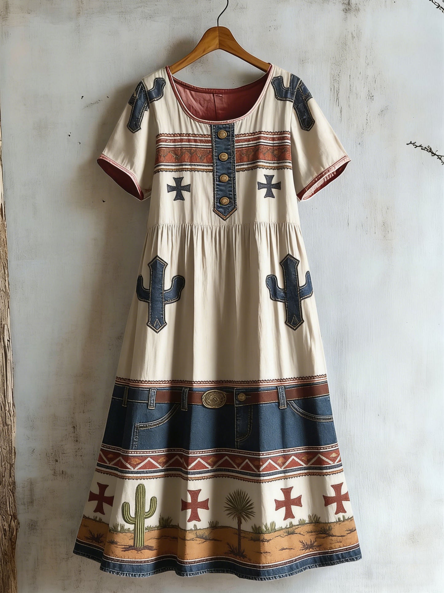 Women's Western Vintage Floral Short Sleeve Cotton Dress