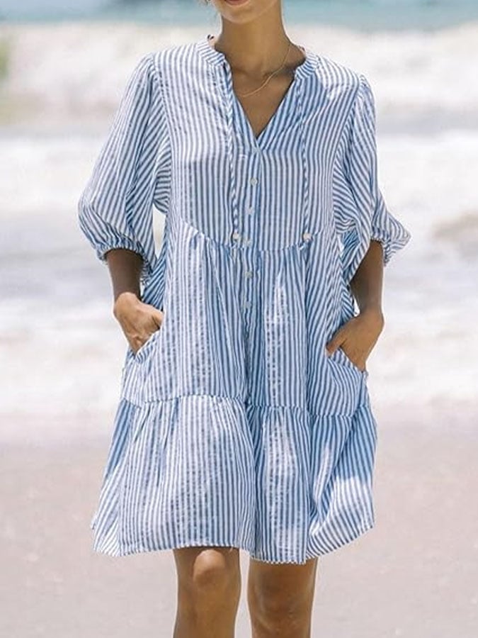Women'S Casual V-Neck Mid-Sleeve Striped Print Patchwork Dresss