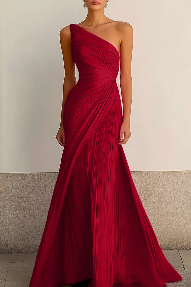 One Shoulder Pleated Maxi Dress Flowy Bodycon Gown Darted Waist Wedding Guest Dress