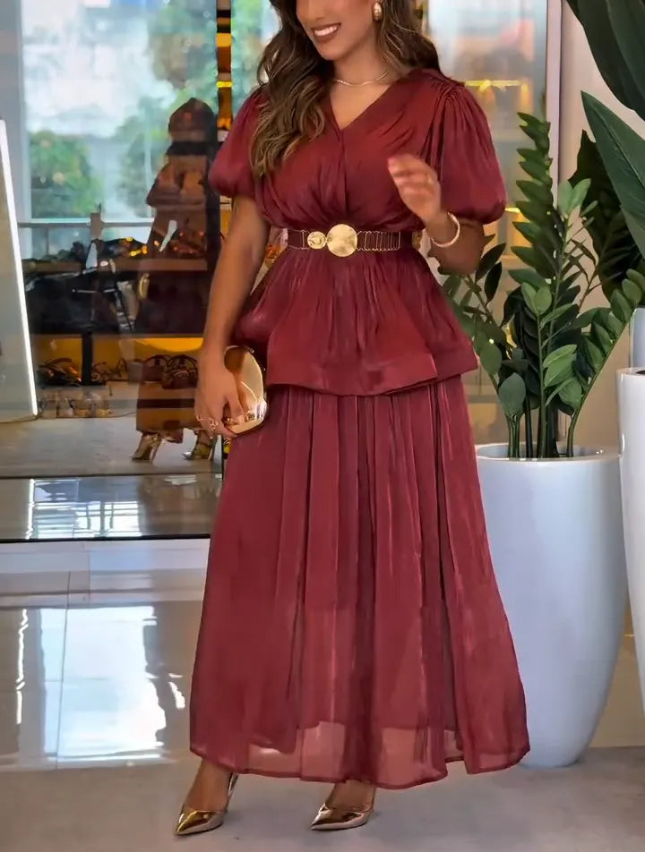Shimmer Satin Puff Sleeve Belted Waist Maxi Dress
