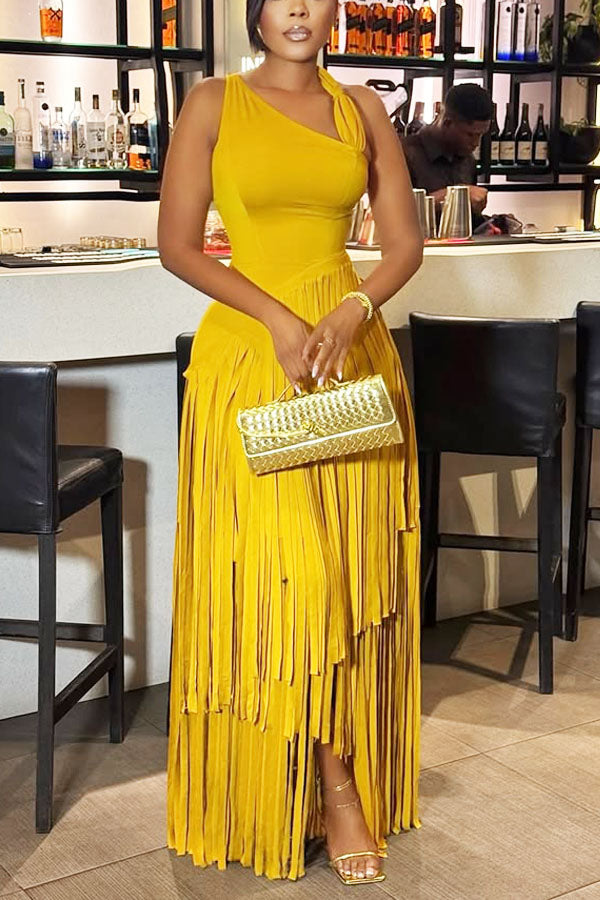 Asymmetrical Neckline Bodycon Fringe Maxi Dress