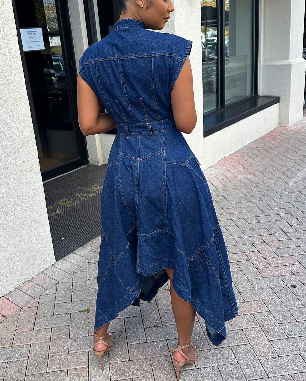 High Neck Sleeveless Denim Midi Dress with Asymmetric Hem