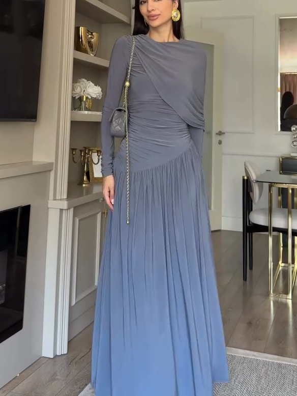 Asymmetrical Draped Shoulder Ruched Waist Maxi Dress