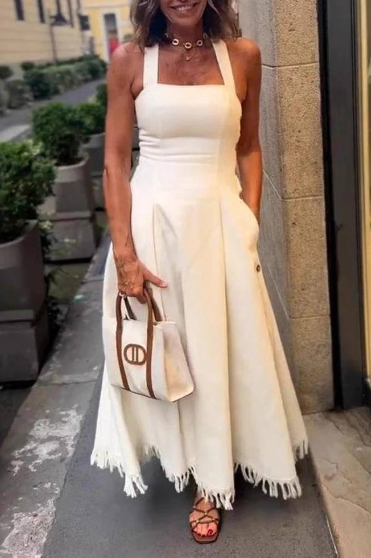 Halter Square Neck Side Button Fringe Flare Maxi Dress