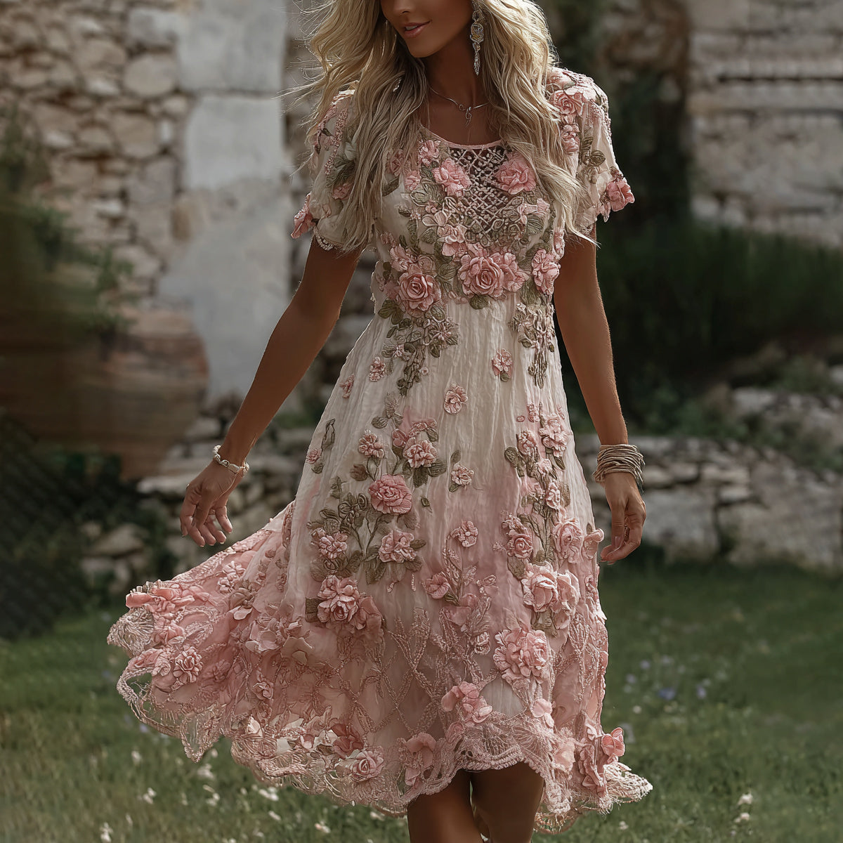 Women's Vintage Boho Floral Art Flowy Linen Blend Casual Short Sleeve Dress